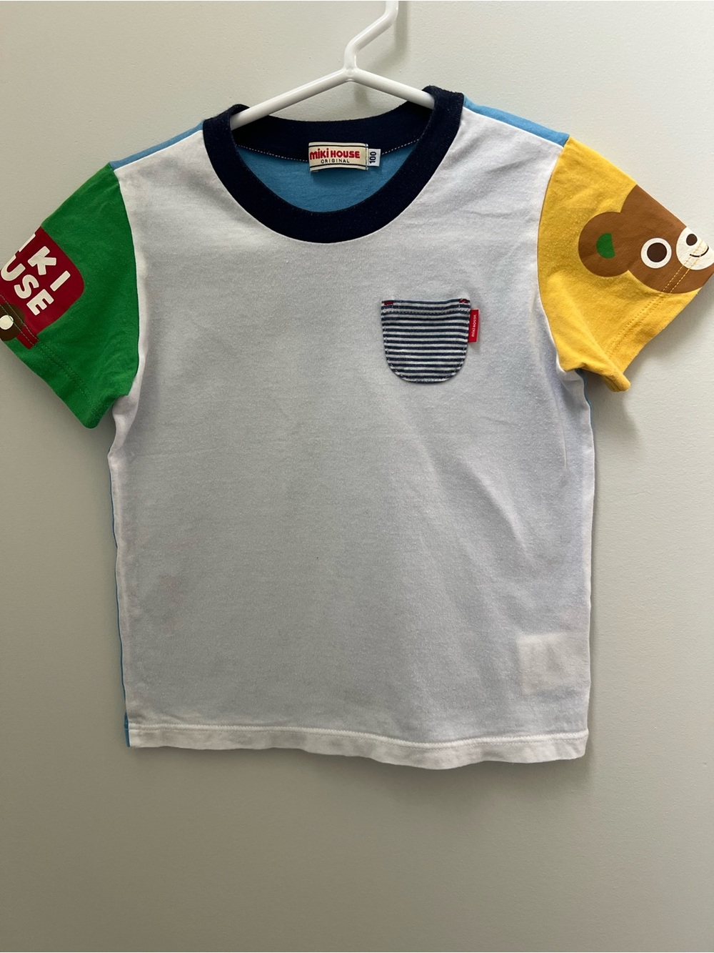Miki House JAPAN Kids Short Sleeve Tee - White with Green & Yellow Sleeves